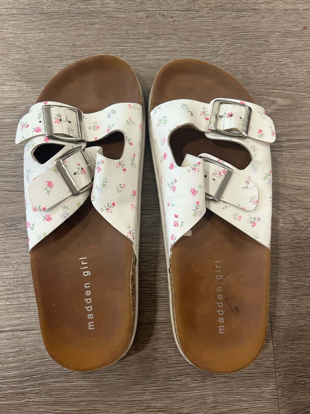 Madden Girl White Floral Buckle Slide Sandals